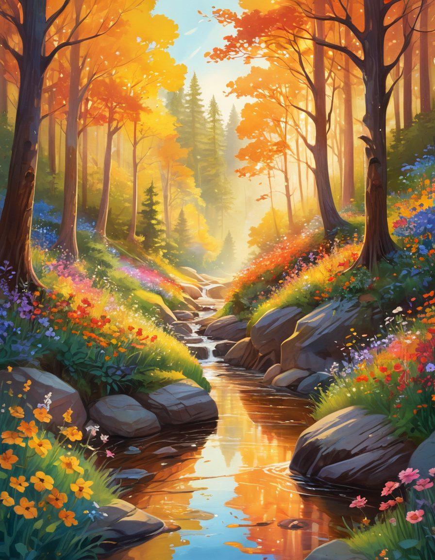 A serene landscape featuring a person journeying through a vibrant forest, surrounded by colorful wildflowers and sparkling streams. The individual is engaging in various pleasure-seeking activities like painting, meditating, and hiking, symbolizing self-exploration. A warm golden light bathes the scene, evoking feelings of joy and fulfillment. whimsical illustration. vibrant colors. nature-inspired.