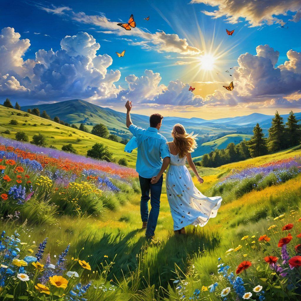 A radiant sun breaking through fluffy clouds, illuminating a vibrant meadow filled with wildflowers in full bloom. Two carefree figures, a man and a woman, dance joyfully among the flowers, embodying the spirit of happiness. Butterflies flutter around them, adding to the sense of freedom and joy. The background features rolling hills and a clear blue sky, enhancing the uplifting atmosphere. super-realistic. vibrant colors.