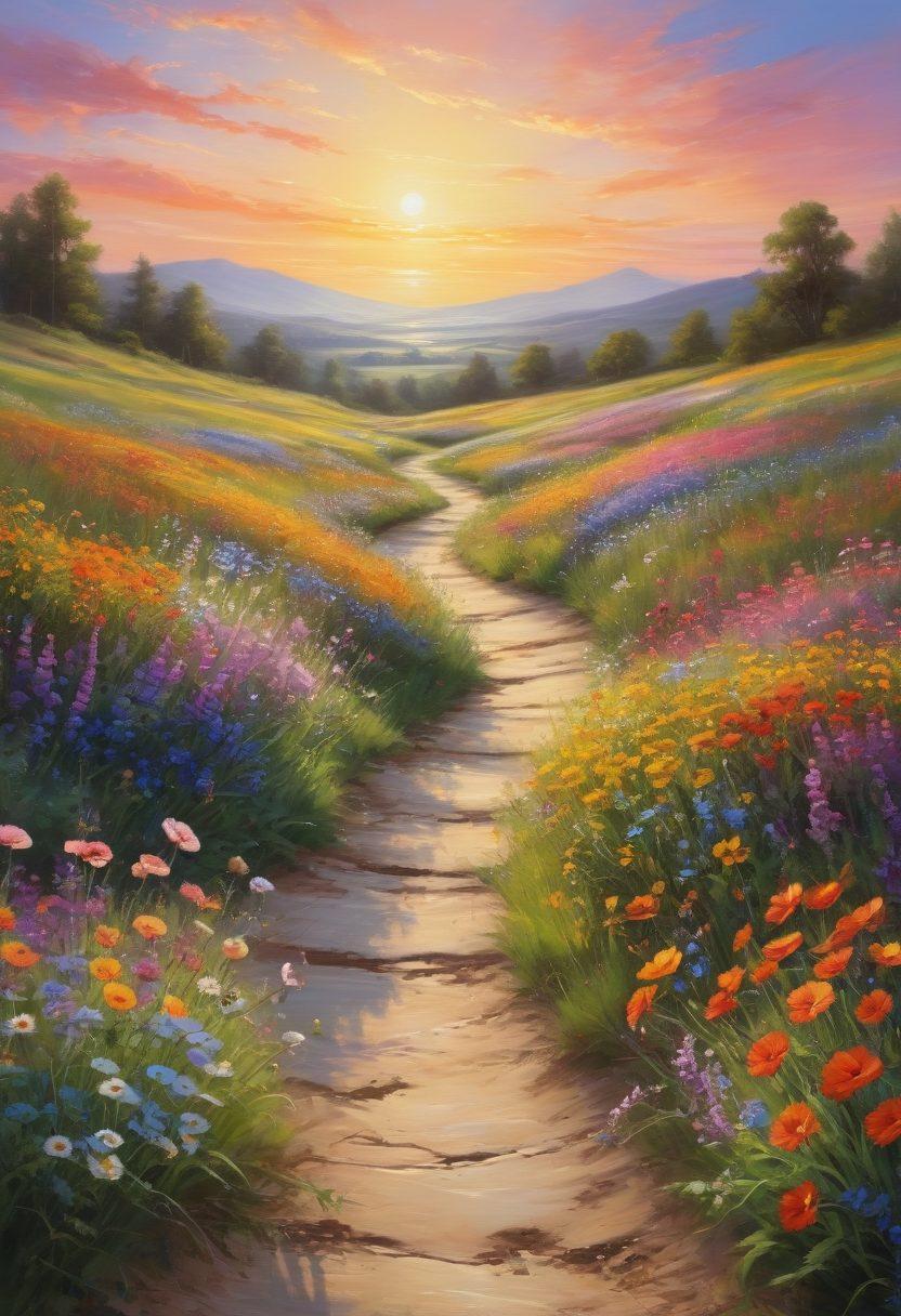 A whimsical landscape filled with colorful wildflowers and a winding path leading into a bright horizon. A diverse group of free-spirited individuals enjoying various joyful activities like dancing, painting, and meditating outdoors. A gentle breeze animatedly moves through the scene, symbolizing freedom and bliss. Soft sunlight bathes the entire setting in a warm glow, evoking happiness and tranquility. vibrant colors. dreamy art style.